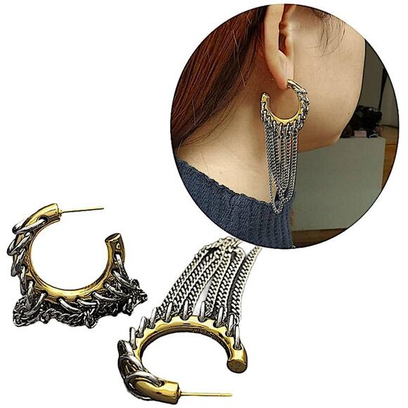 Two Tone Chain Hoop Link Earrings Gold and Silver Punk Retro Y2K - Picture 6 of 7